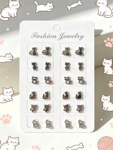 12pairs Cartoon Cat Stud Earrings - Black - View 7