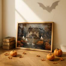 1 pieza Impresión en lienzo de arte de pared de casa embrujada de Halloween sin marco, póster de paisaje primitivo de otoño con calabaza, decoración rústica de granja de otoño para apartamento, sala de estar, dormitorio, dormitorio universitario, regreso a la escuela, pósteres divertidos, decoración vintage, regalo único - Casa embrujada - Ver 2