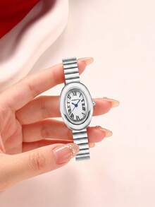 1pc Women's Vintage Oval Gold-Tone Steel Band Roman Numeral Quartz Wristwatch, Suitable For Office Commute And Vintage Outfit Wear - Silver - View 3