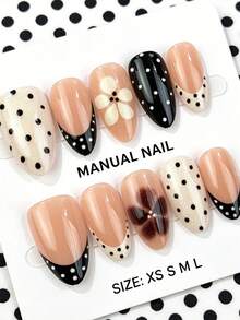 30pcs/Set Oval Black Polka Dot French Minimalist Cute Floral Press-On Short Nails Set, Suitable For Hot Girls, Office Women, Parties, Dates And Daily Wear - Multicolor - View 2
