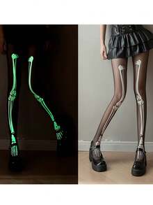 3pairs/1pair Halloween Glow-In-The-Dark Skeleton Tights – Luminous, Fluorescent Bone-Print Hosiery; Perfect For Halloween Parties, Costume Balls, And Horror-Themed Events. - One Size Fits All - View 1