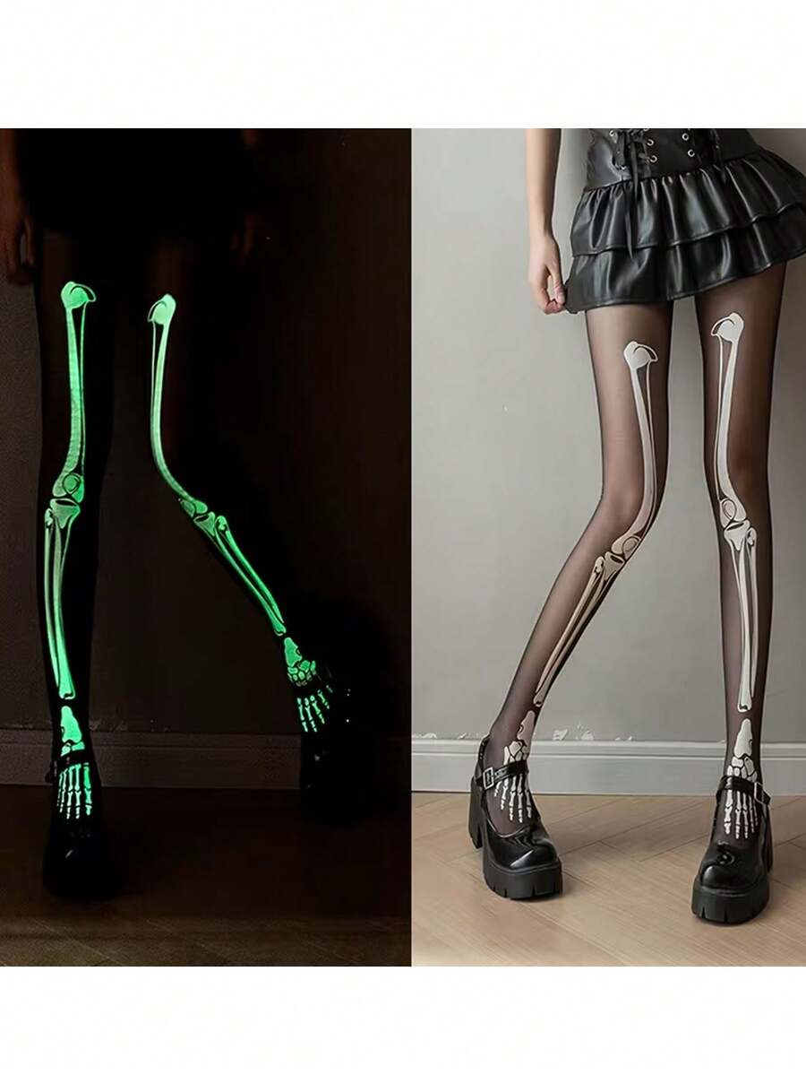 3pairs/1pair Halloween Glow-In-The-Dark Skeleton Tights – Luminous, Fluorescent Bone-Print Hosiery; Perfect For Halloween Parties, Costume Balls, And Horror-Themed Events. - One Size Fits All - View 1