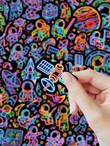 54 Stücke Cooles Neon-Umriss-Weltraum-Sticker-Set, bedruckte leuchtende Linien Astronaut Alien UFO Planet Ästhetik Aufkleber, wasserfeste Vinyl-Sticker für Teenager Jungen Notizbuch Tasse Sammelalbum Laptop Handyhülle Weltraum-Liebhaber Geschenk Dekoration - Mehrfarbig - Übersicht 3