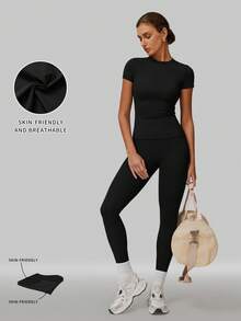 MFVIM Women's Solid Color Round Neck 2-Piece Set Slim Fit Yoga Outfit Short Sleeve Top High-Intensity Tight Versatile Outdoor Running Sports Fitness Wear - Black - View 5