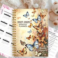 1pc A5 Paper Cover 2027-2029 3 Year Monthly Spiral Planner, Vintage Watercolor Colorful Butterfly Wildflower Print Calendar Journal, For Long-Term Monthly Schedule & Goal Tracking School Supplies - Butterfly - View 8