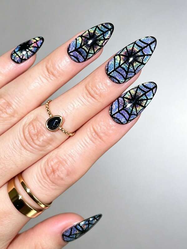 24-Piece Halloween-Themed Press-On Nail Art, Long Almond Shape, Spider Web Pattern, Full Coverage, Purple Gradient, Suitable For Women's Holiday Nail Decorations.