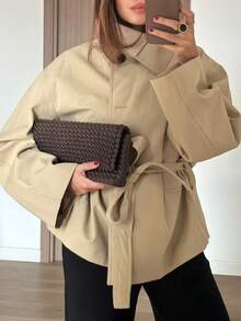 Jaket Kemeja Wanita Warna Khaki dengan Sabuk, Jaket Musim Gugur Ringan Berkerah Ukuran Besar - Khaki - View 1