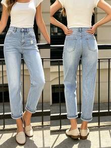 Celana Jeans Denim Pendek Wanita Kasual Serbaguna dengan Saku dan Detail Sobek untuk Musim Gugur - Light Wash - View 1