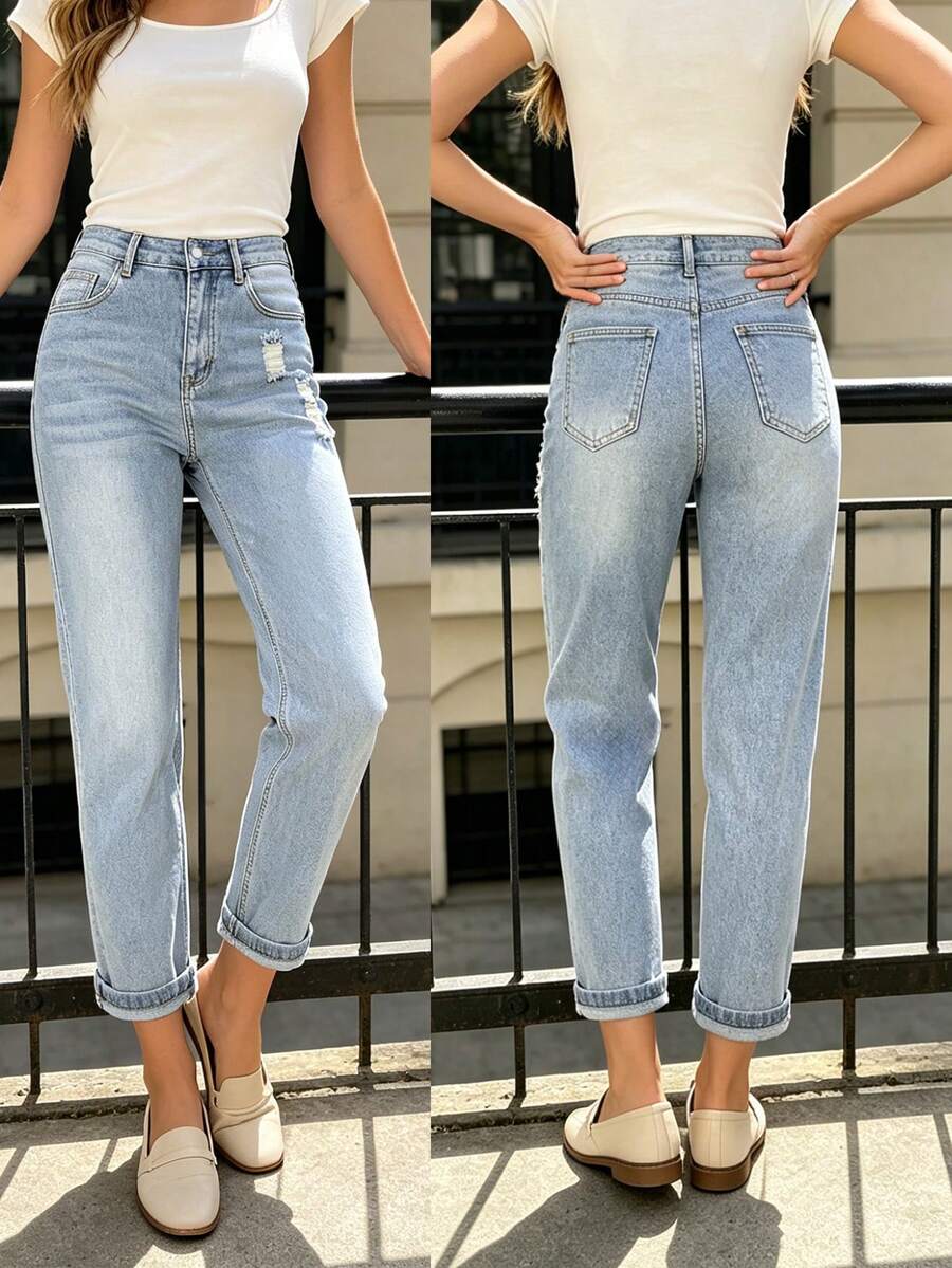 Celana Jeans Denim Pendek Wanita Kasual Serbaguna dengan Saku dan Detail Sobek untuk Musim Gugur - Light Wash - View 1