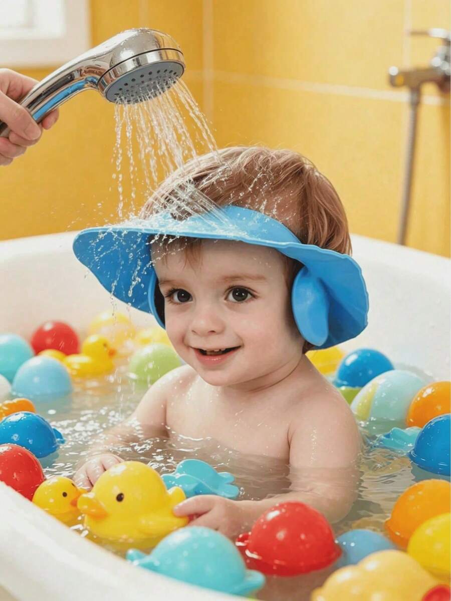1pc Adjustable Soft Silicone Baby Bath Sun Hat With Ear Protection, Waterproof Shampoo Rinse Shield Cap, Waterproof Eye Protection Toddler Bath Accessory - Multicolor - View 1