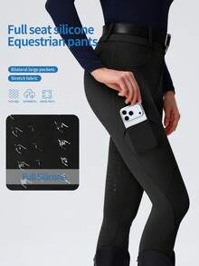 ROYALS MATTINI Ladies' Professional Equestrian Riding Pants, Solid Color, Full Seat Silicone Anti-Slip, Slim Fit Butt-Lifting, Dual Pockets, No Belt - Black - View 3