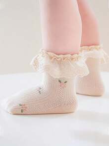 4 Pairs Girls Baby Spring Summer Lotus Leaf Ruffle Lace Pink Embroidered Floral Mesh Breathable Fashion Princess Socks, Dance Socks, Suitable For Home Daily Wear/Travel/Back To School - Multicolor - View 3