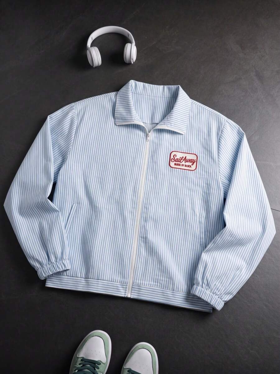 Japanese Academy Style Oxford Striped Embroidered Shacket, Men's Korean Version Loose Fit Versatile Lapel Jacket Top