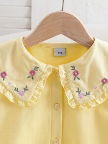 女童刺繡長袖彼得潘領襯衫 - 黃色 - 查看 4