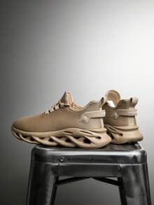 Men's Minimalist Solid Color Knit Mesh Breathable Hollow Bottom Shock-Absorbing Running Shoes, Lightweight Soft Comfortable Casual Sports Shoes For Outdoor Daily Commute - Khaki - View 2