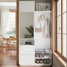 Compact Wardrobe With Mirror And Bench - Entryway Furniture Set - White - View 1