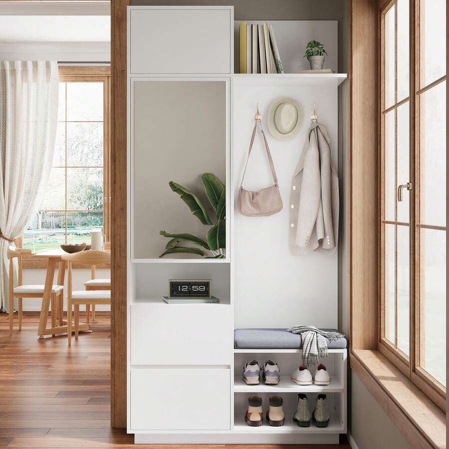 Compact Wardrobe With Mirror And Bench - Entryway Furniture Set - White - View 1