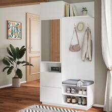 Compact Wardrobe With Mirror And Bench - Entryway Furniture Set - White - View 4