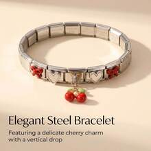 1pc Fashionable Fruit Cherry Pendant Heart Stainless Steel Modular Bracelet, Creative Personalized Italian Charm Bracelet - Multicolor - View 6
