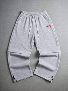 MAISONFOX Men's Grey Patchwork Loose Pants, Red Letter Print, Drawstring Waist, Adjustable Hem, Cargo Pants, Retro Hip-Hop Style Sweatpants - Light Grey - View 4