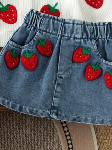 2pcs Baby Girl Preppy Strawberry 3D Embroidered Long Sleeve Knit Cardigan & Denim Mini Skirt Set, Thin For Spring/Autumn - White - View 9