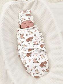 1 Set Baby Sleep Sack Anti-Startle Swaddle Blanket, Printed Bird And Pattern, Swaddle Blanket + Hat, Soft And Comfortable Skin-Friendly, Suitable For Indoor And Outdoor, Various Holiday Gifts - Multicolor - View 1