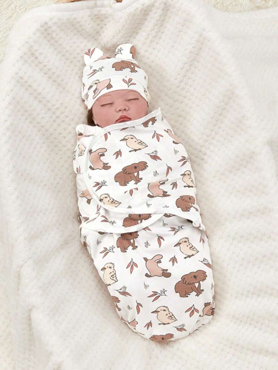1 Set Baby Sleep Sack Anti-Startle Swaddle Blanket, Printed Bird And Pattern, Swaddle Blanket + Hat, Soft And Comfortable Skin-Friendly, Suitable For Indoor And Outdoor, Various Holiday Gifts - Multicolor - View 1