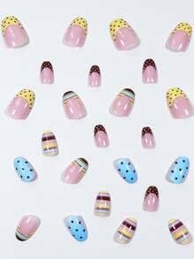 Y2K Cute Macaron Color Block Striped Milk Coffee Polka Dot Yellow Blue French Gentle Sweet Style 24pcs Short Round Press-On Nail Tips Fake Fingernails Set - 彩色 - 查看 4