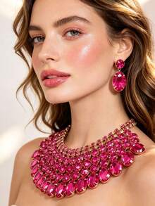 3pcs/Set Fashionable Elegant Geometric Rhinestone Necklace & Earrings Jewelry Set, Suitable For Wedding, Banquet, Party - Multicolor 2 - View 4