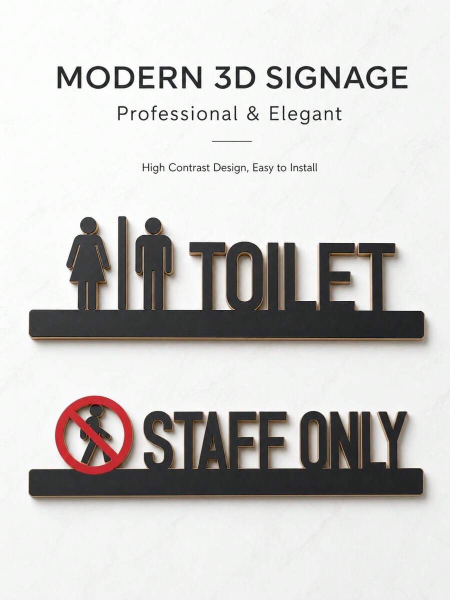 New Cross-Border Black Minimalist Bathroom Sign: 2D Wooden Cartoon Style Door Decor (Pine Wood) - Black Bathroom Sign - View 1