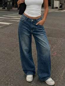 Women's Vintage Loose Boyfriend Straight Leg Denim Jeans - Dark Wash - View 1