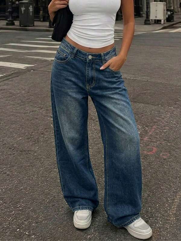 Jeans en denim vintage ample style boyfriend à jambe droite pour femmes, décontracté pour l'automne