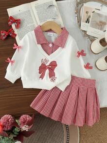 2pcs Baby/Toddler (Girl) Sweet Cool Academy Style Red & White Plaid Collared Bow Long Sleeve Sweatshirt & Skirt Set, Thin Spring/Autumn Back To School - Red and White - View 4