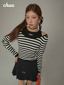 CHUU Women's Off-Shoulder Striped Knit Top, Autumn 2 In 1 Patchwork Design, Youthful Long Sleeve Blouse - Black - View 4