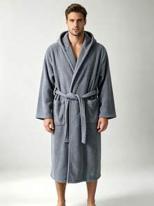 1 pieza Albornoz de hombre con capucha color gris, estampado de piña y cuadros, unicolor, cómodo, transpirable, suave, de felpa, absorbente y de secado rápido, largo para uso en casa, adecuado para hogar/spa/hotel/ocio, para todas las estaciones, decoración de baño - Bata de baño con capucha - Piña - Gris - Ver 9