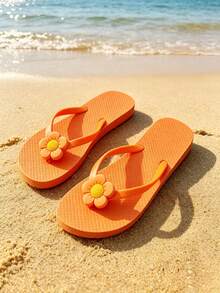 1 Pasang Sandal Jepit untuk Liburan Pantai, Sandal Datar Warna Polos yang Nyaman dan Serbaguna untuk Musim Panas - Jeruk - View 2