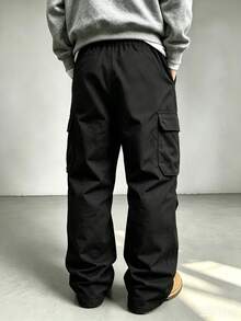 Men's Black Cargo Pants, Spring/Autumn, Outdoor Hiking, Loose Fit, Comfortable, Slightly Flared, Streetwear, Versatile, Casual, Daily Wear Long Pants - Black - View 4