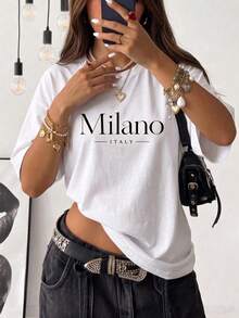 Women Oversized Crew Neck Short Sleeve T-Shirt Classic Cursive New York Letter Print Soft Cotton Casual Basic Tee Daily Streetwear Vacation Top - 白色 4 - 查看 6