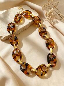 1pc Fashion Asymmetrical Leopard Print Punk Style Collarbone Chain High-End Oval Link Necklace Elegant Sexy Women's Neck Jewelry - Multicolor - View 3