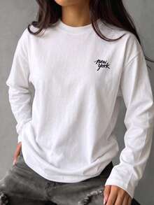 Women's Printed Round Neck Long Sleeve Regular Fit Loose T-Shirt, Fashion Versatile Casual Spring Autumn New Top - White - View 1