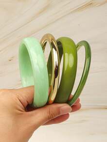 Set Gelang Bulat Hijau 4 Buah, Minimalis Vintage, Cocok untuk Pemakaian Sehari-hari Wanita, Liburan, dan Acara Pesta - Hijau - View 1