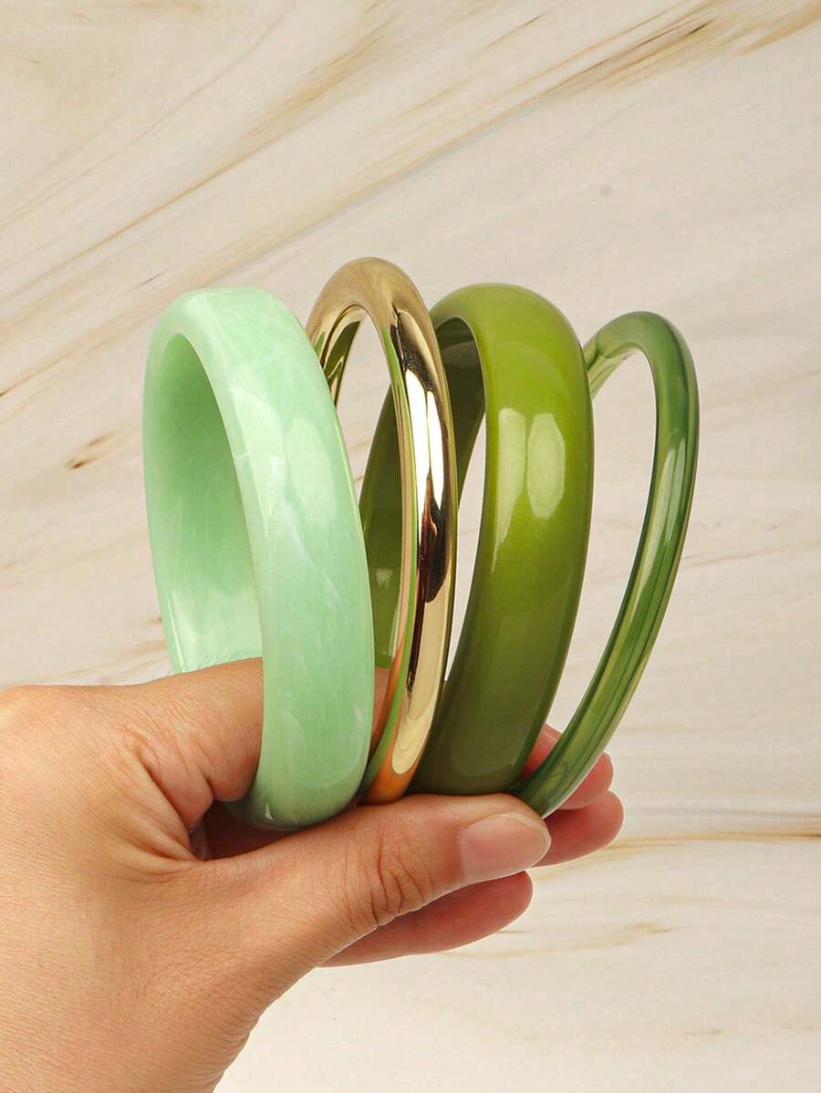 Set Gelang Bulat Hijau 4 Buah, Minimalis Vintage, Cocok untuk Pemakaian Sehari-hari Wanita, Liburan, dan Acara Pesta - Hijau - View 1