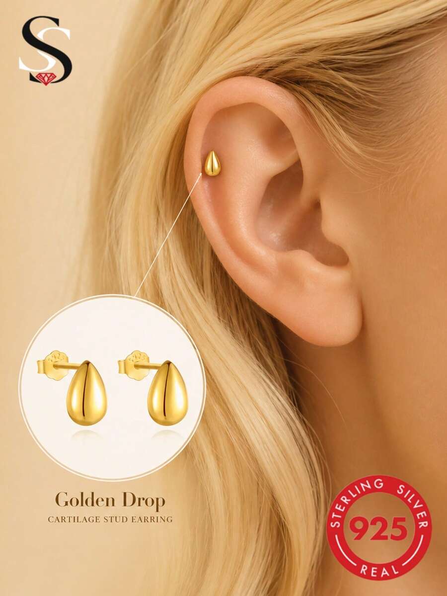 一對 S925 純銀實心水滴形平背軟骨耳釘 18K 金鍍層 低過敏 女款精緻耳飾