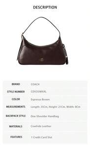 Coach Ella 素色女款單肩手提包 CDV35IMXAL - 濃咖啡色CDV35IMXAL - 查看 8