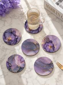 1/6/12pcs Purple Gold Rim Marble Floral Wooden Coasters, Alcohol Ink Abstract Floral Round Drink Coasters, Heat-Resistant Desktop Protection Coasters, Aesthetic Modern Home Kitchen Office Decor, Elegant Housewarming Gift - Purple - View 11