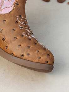 1 Pair Girls Brown Pink Two Tone Embroidery Western Cowboy Ankle Boots, Spring Autumn Kids Footwear - Pink - View 6