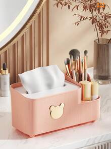 Makeup Brush Holder With Tissue Box - Cute Bear-Shaped Desktop Storage Box, Can Hold Remote Control, Phone, Makeup Brushes And Cosmetics; Ideal Decor For Living Room, Office And Vanity - Multicolor - View 4