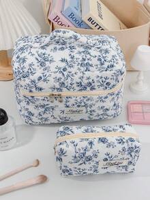 3pcs Blue Vintage Floral Quilted Makeup Bag Set, Portable Travel Toiletry Bag, Soft Zipper Makeup Organizer Bag, Small Pencil Case, Vintage Elegant Floral Print Bag, Suitable For Women's Daily Makeup, Skincare, Stationery And Travel Use - Beauty and Makeup Bag - View 5