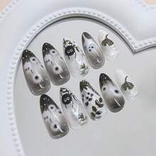 24 Pcs Clear Smudge Press On Nails Short Almond, Fall Winter Fake Nails Press Ons Acrylic Nail Art Tips Kit Full Cover False Nails Glue On Nails With Dandelion Plant Spirit Design For Women - 黑色幽靈 - 查看 3