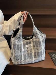 1件女款拼色尼龍單肩包，時尚大容量五星裝飾托特包，適合購物、度假與旅行 - 黑色 - 查看 4